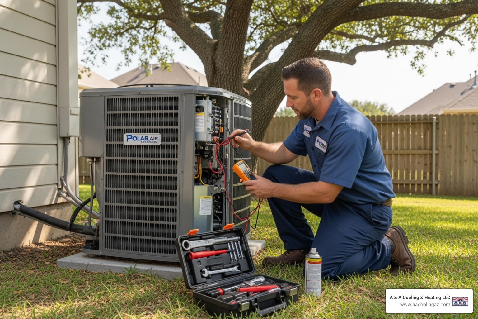 A professional HVAC technician, wearing a company uniform, carefully inspecting the outdoor condenser unit of an AC system, with tools laid out nearby - ac maintenance apache junction