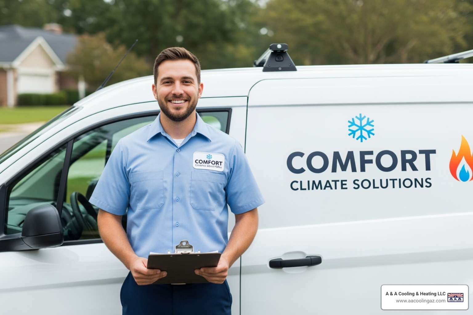 A professional and friendly HVAC technician in a clean uniform stands confidently beside a branded company van, holding a clipboard and smiling, symbolizing reliable service - ac maintenance apache junction