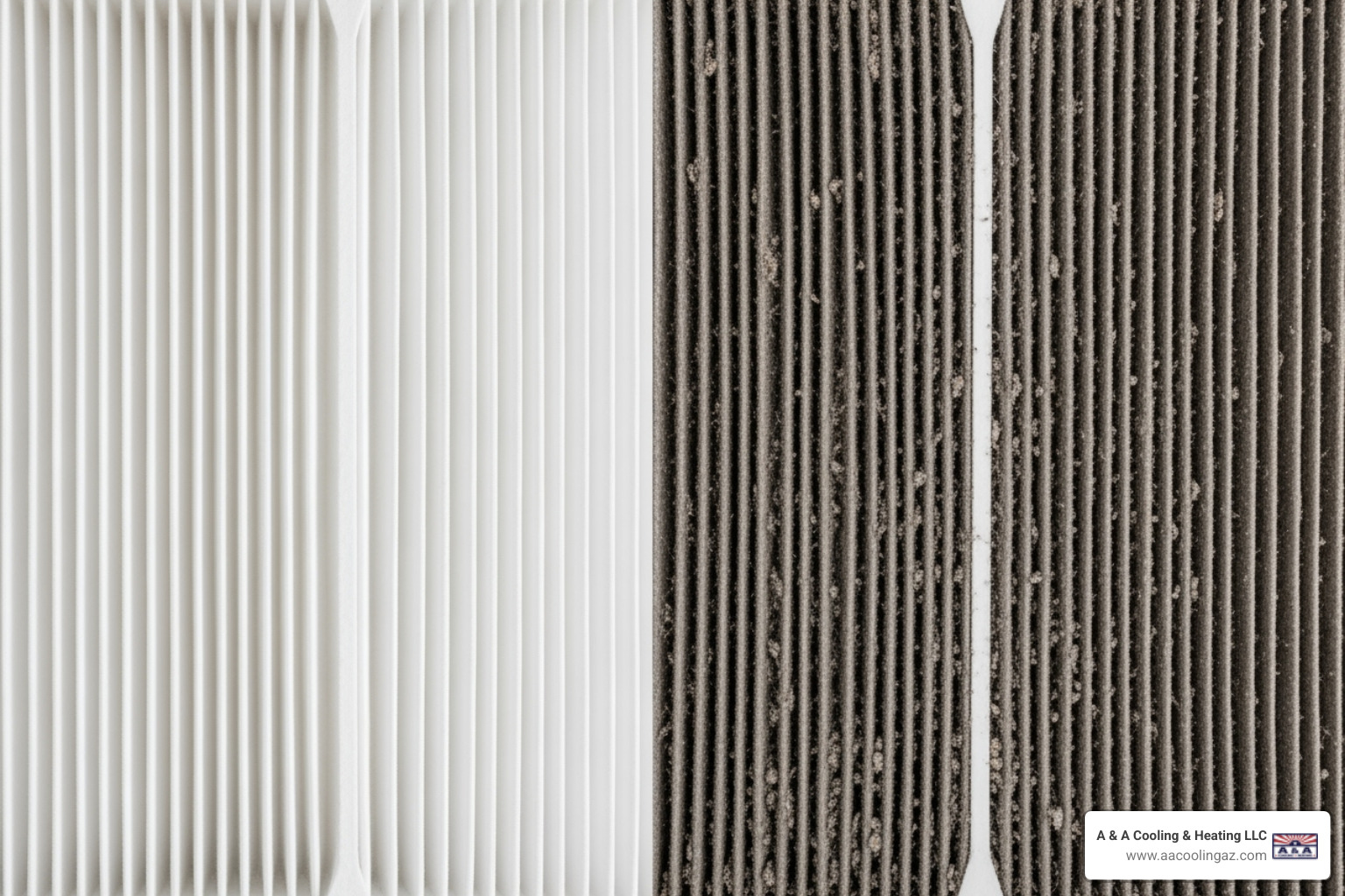 A split image showing a pristine, clean AC air filter on one side and a heavily soiled, dust-clogged filter on the other, illustrating the impact of neglecting filter changes - ac maintenance apache junction