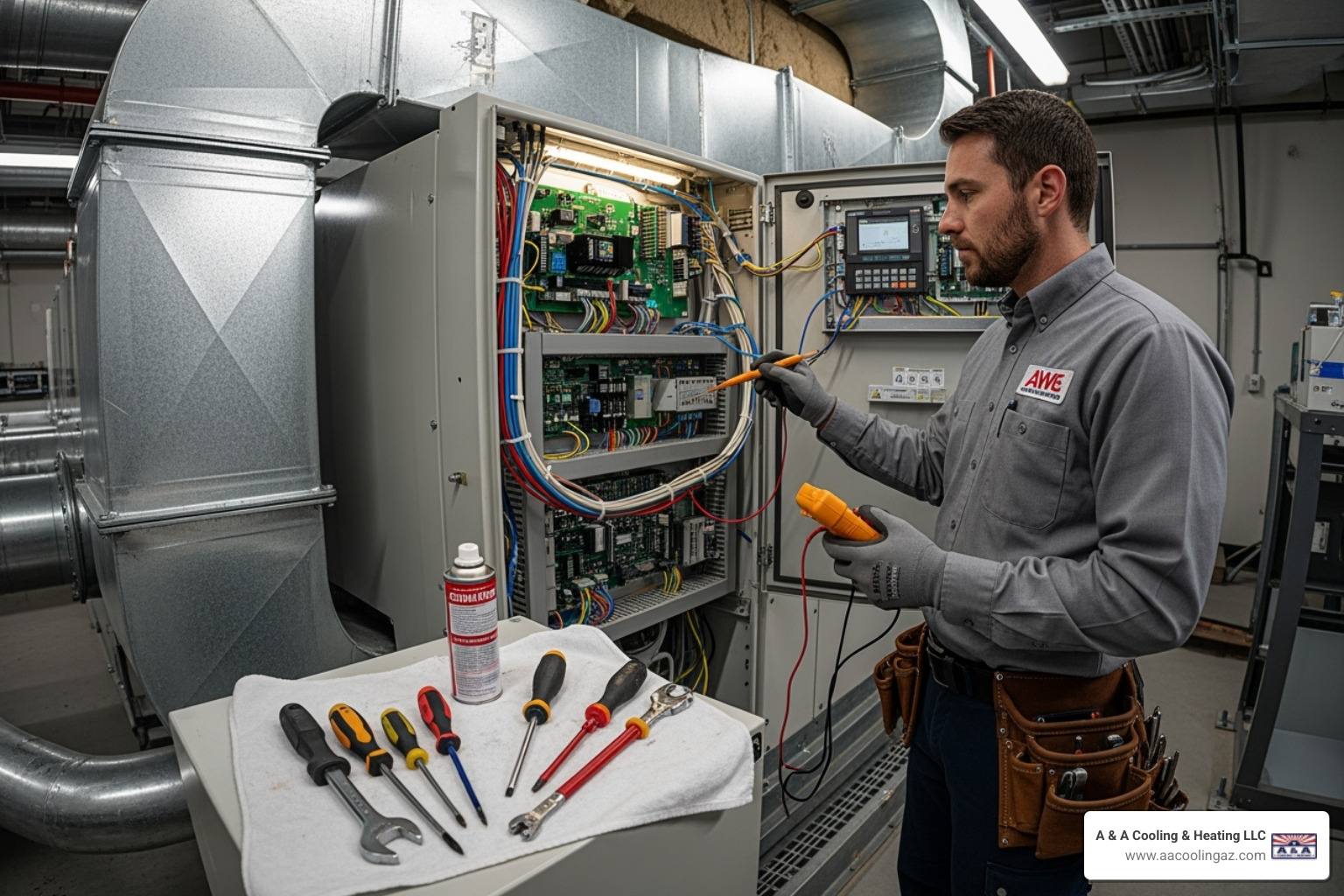 technician performing maintenance on a large commercial HVAC unit's control panel - large building hvac scottsdale
