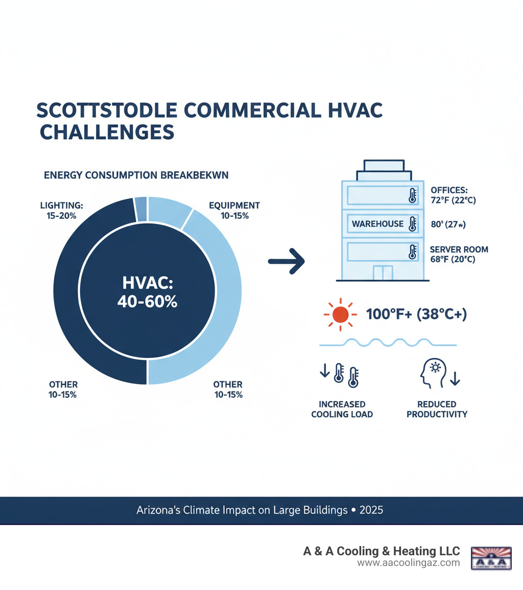 Infographic showing commercial building energy consumption breakdown with HVAC accounting for 40-60% of total usage, temperature zones within large buildings, and the impact of Arizona's 100°F+ temperatures on cooling loads and employee productivity - large building hvac scottsdale infographic 