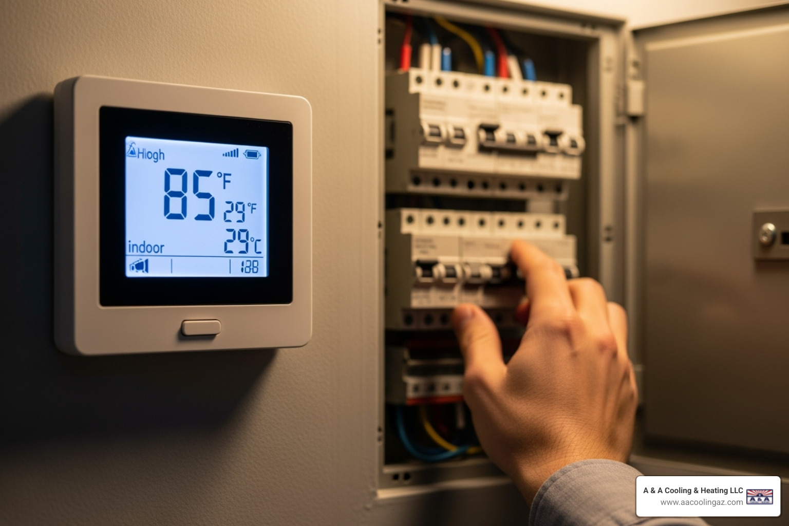 A thermostat displaying a high indoor temperature and a hand reaching for a circuit breaker panel - emergency ac repair mesa