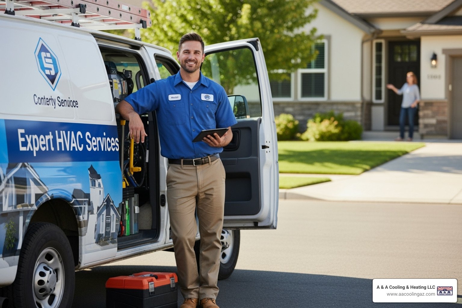 A friendly, professional HVAC technician in a service uniform standing next to a branded service van, ready to assist a homeowner - emergency ac repair mesa