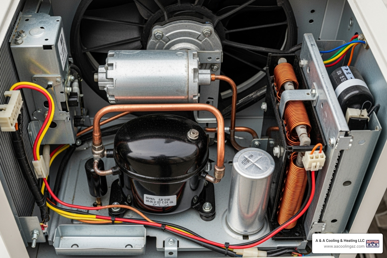 Internal components of an AC unit, showing the capacitor, compressor, and fan motor - emergency ac repair mesa