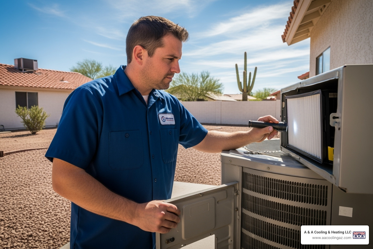 a professional technician inspecting an HVAC unit's filter slot - air filter contractor phoenix valley