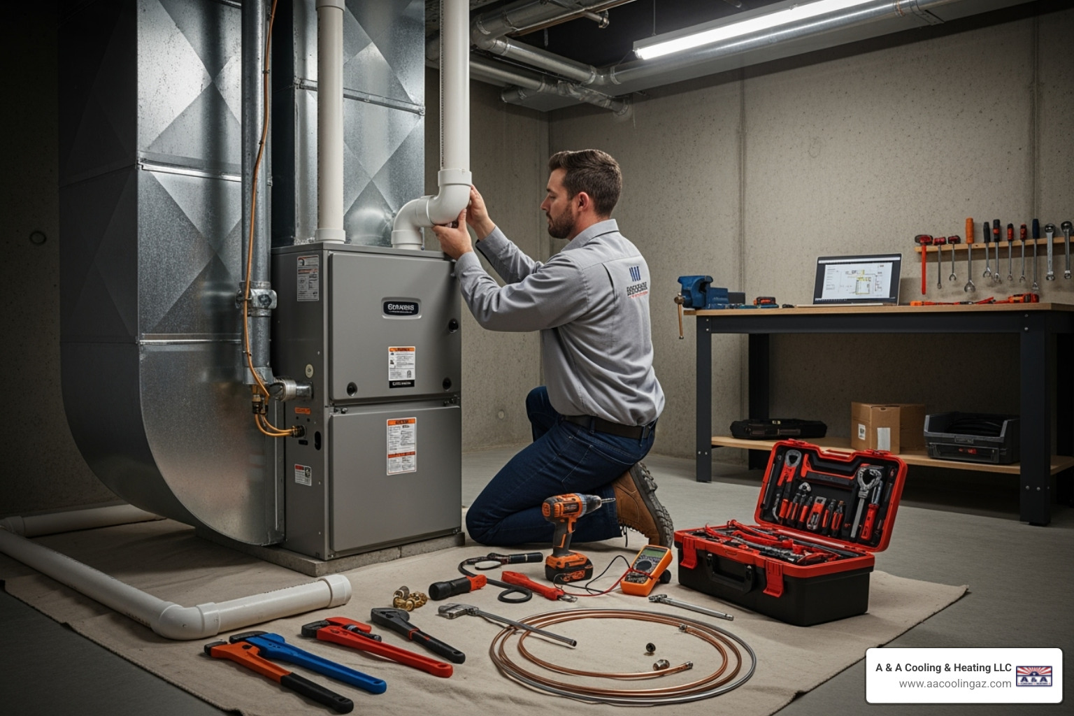 Clean, professional HVAC technician installing a new furnace - heater replacement gilbert