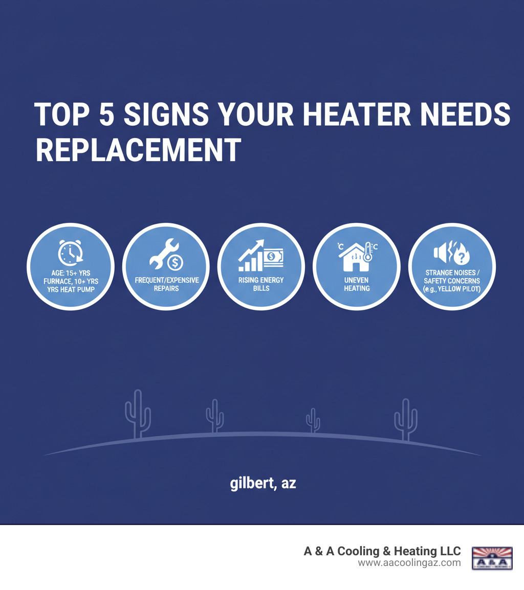Infographic showing the top 5 signs a heater needs replacement: 1) System is 15+ years old for furnaces or 10+ years for heat pumps, 2) Frequent or expensive repairs in the past few years, 3) Rising energy bills despite normal usage, 4) Uneven heating or inconsistent temperatures throughout the home, 5) Strange noises, unusual smells, or visible safety concerns like a yellow pilot light - heater replacement gilbert infographic 