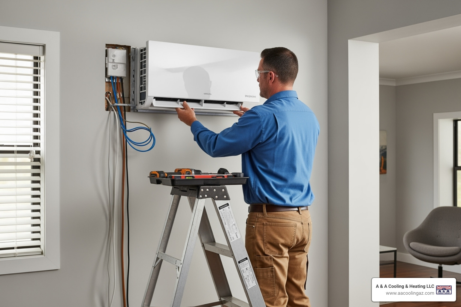 Technician installing an indoor mini-split unit on a wall - mini split installation chandler