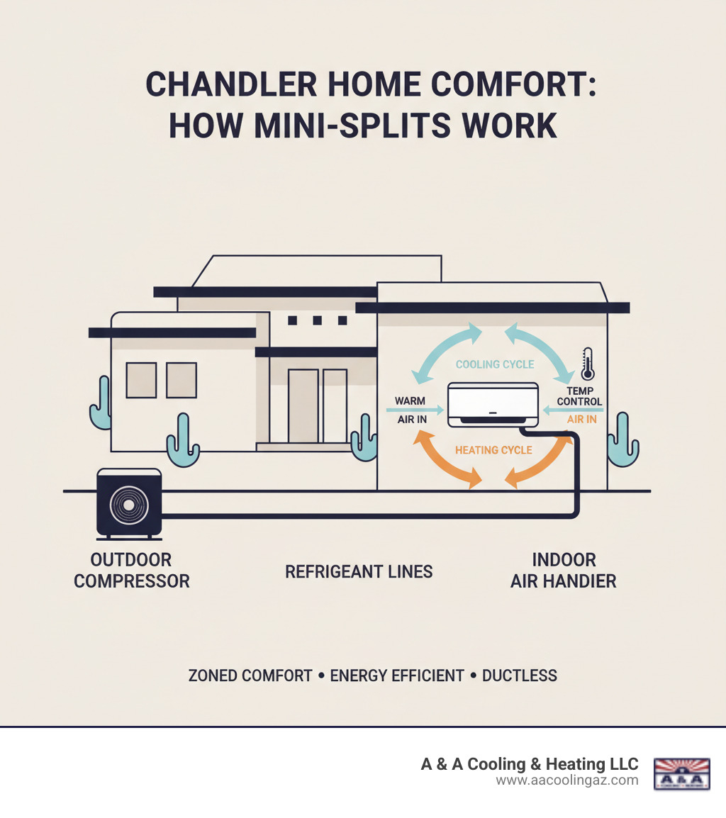 Infographic showing how ductless mini-split systems work with outdoor compressor unit connected to indoor air handler via refrigerant lines, displaying the cooling and heating cycle with arrows showing air flow and temperature control in a typical Chandler home - mini split installation chandler infographic 