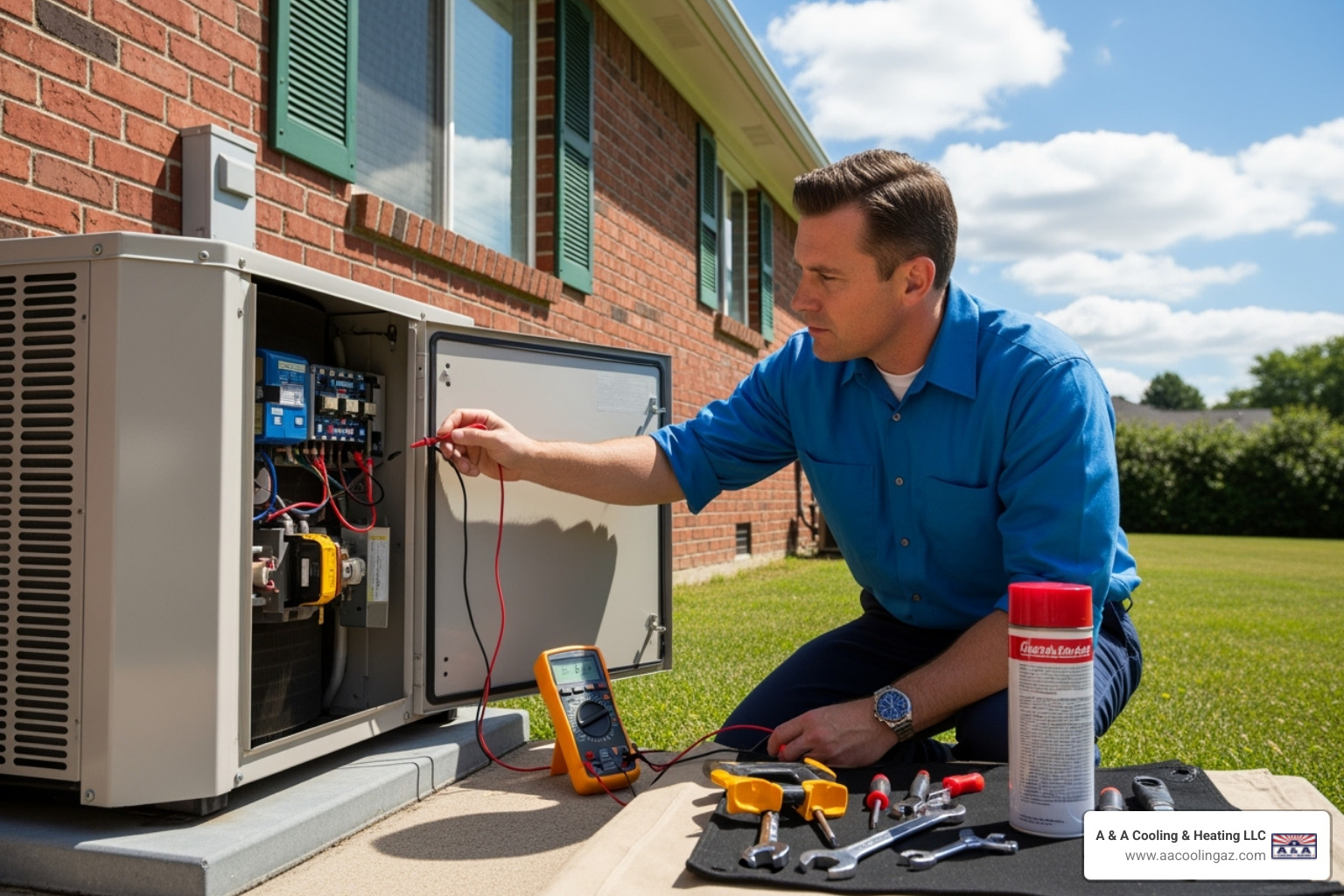 Image of a technician servicing an outdoor AC unit - AC maintenance Scottsdale AZ