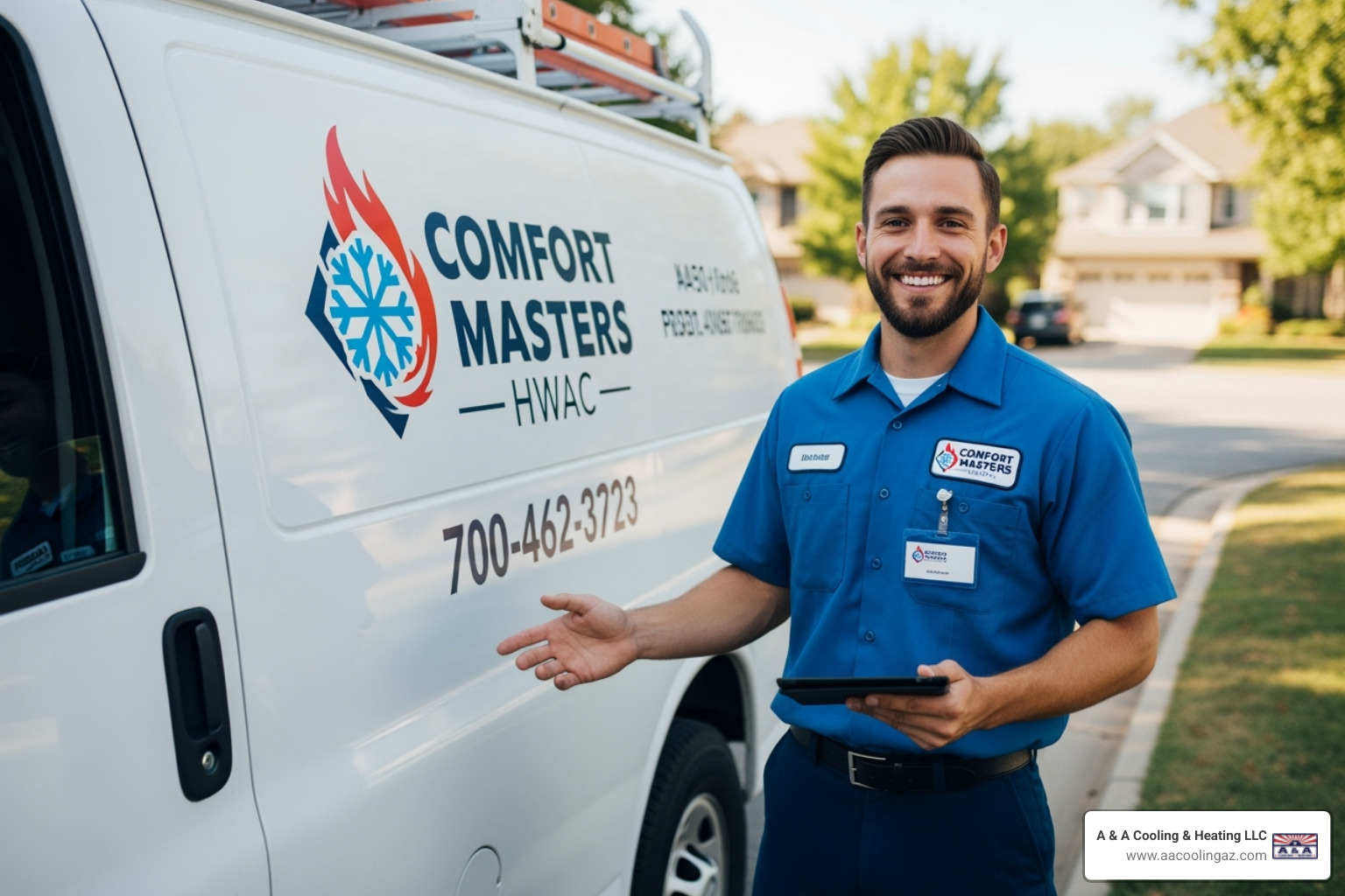 Image of a friendly, uniformed technician with a company van - AC maintenance Scottsdale AZ