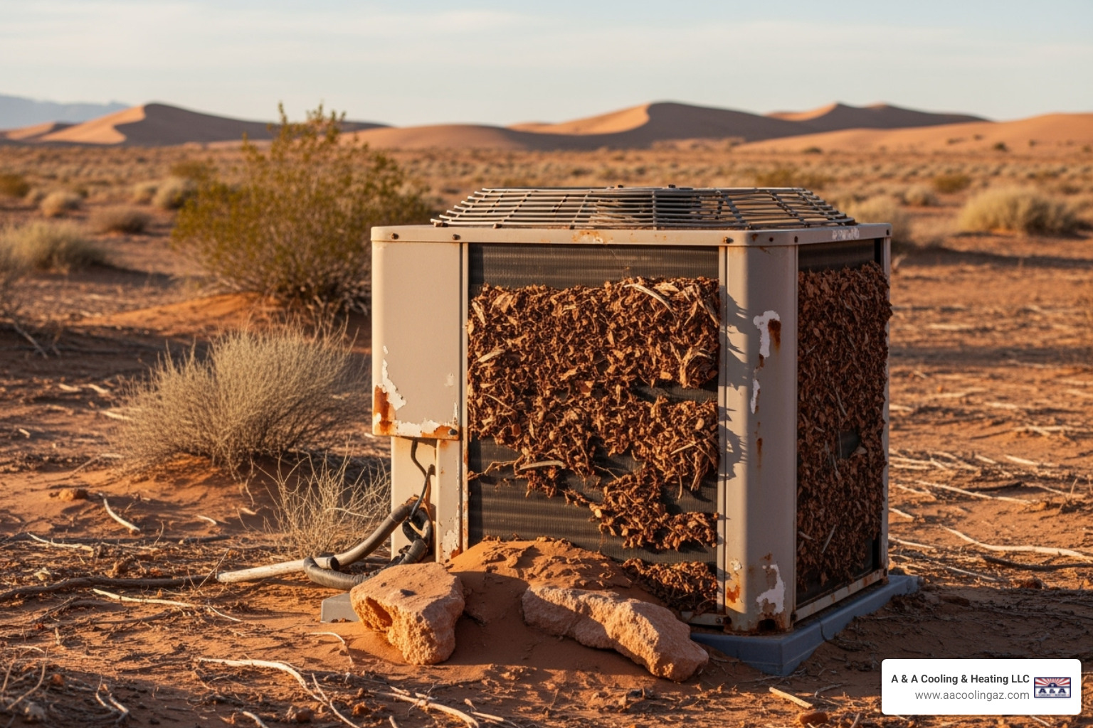 A dusty outdoor AC unit covered in debris - hvac system upkeep queen creek