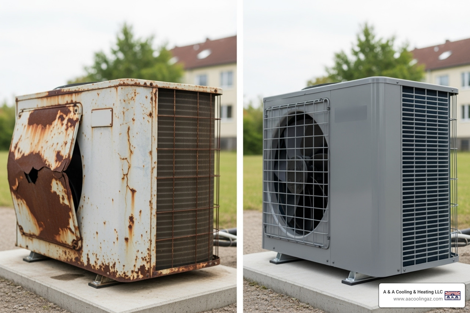 old rusty outdoor AC unit contrasted with a new modern one - ac installation apache junction