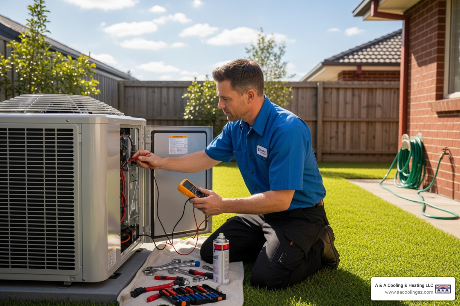 of a technician servicing a heat pump outdoor unit - heat pump service tempe