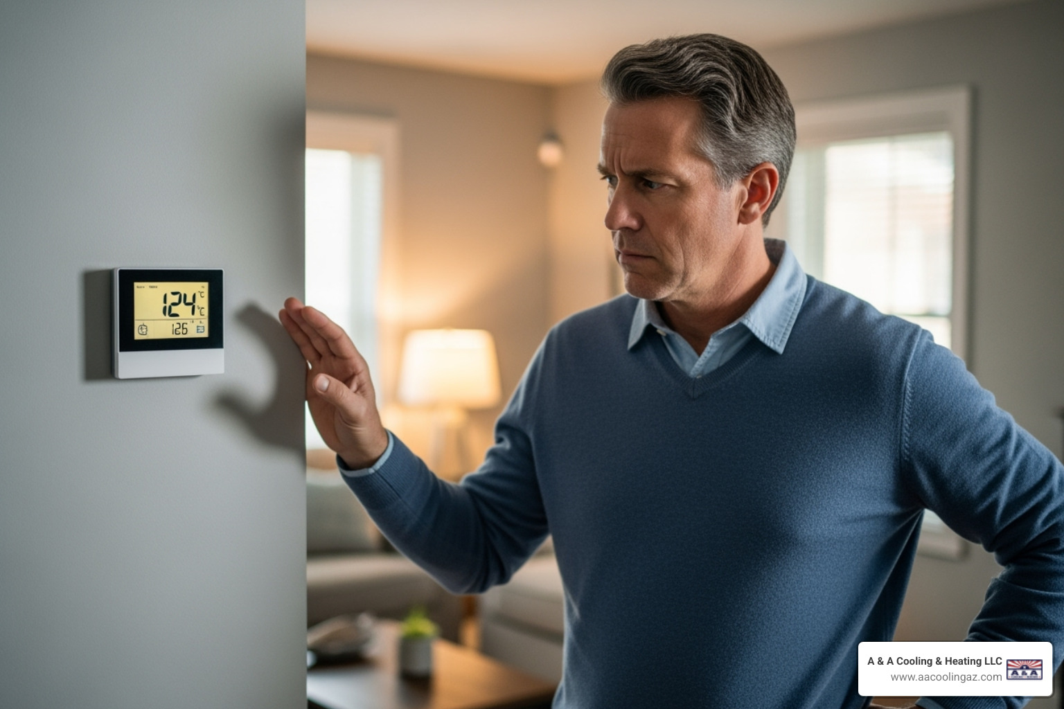 homeowner looking concerned at their thermostat - licensed heating contractor peoria