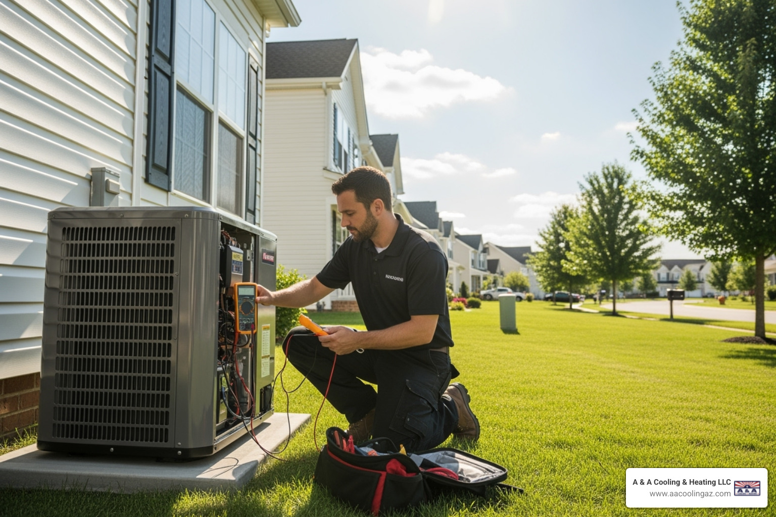 technician servicing a modern heat pump - licensed heating contractor peoria