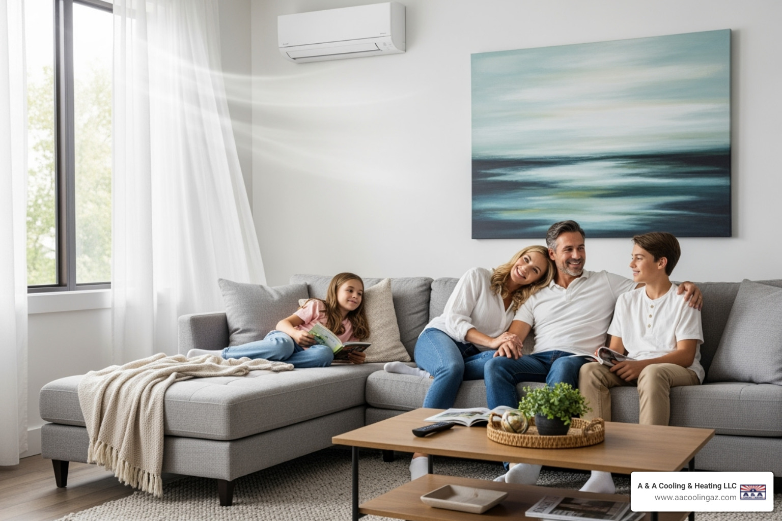 Family enjoying a cool room with a mini-split visible, smiling and relaxed - mini split air conditioner gilbert