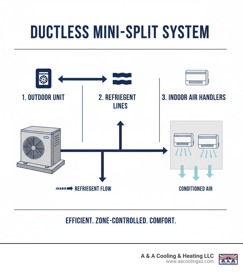 Infographic showing the three main components of a ductless mini-split system: outdoor condensing unit connected via refrigerant lines to indoor air handler units mounted on walls, with arrows showing the flow of refrigerant and conditioned air delivery directly to rooms - mini split air conditioner gilbert infographic 