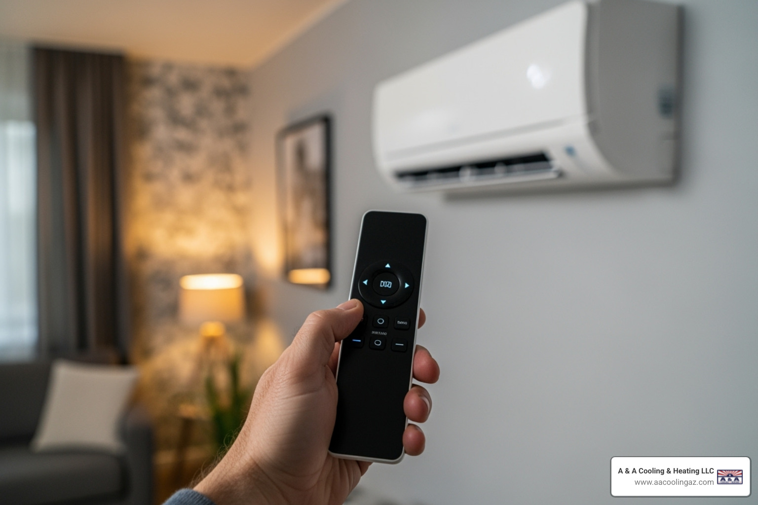 A person's hand holding a modern, sleek remote control for a mini-split air conditioner, pointing it towards the indoor unit on the wall - mini split air conditioner gilbert