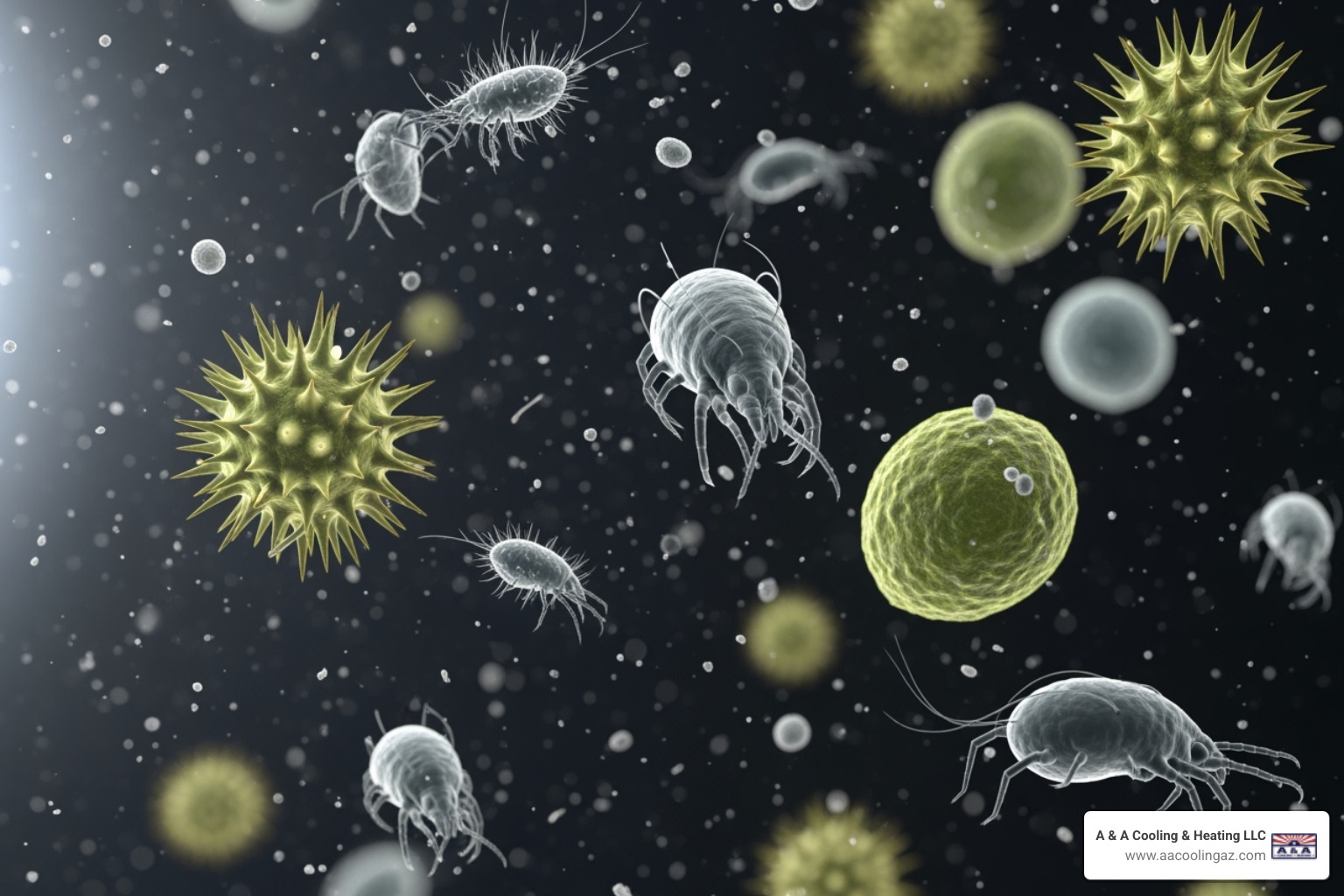 Image of microscopic pollutants like pollen and dust mites, illustrating the unseen threats to indoor air quality. - air filtration peoria