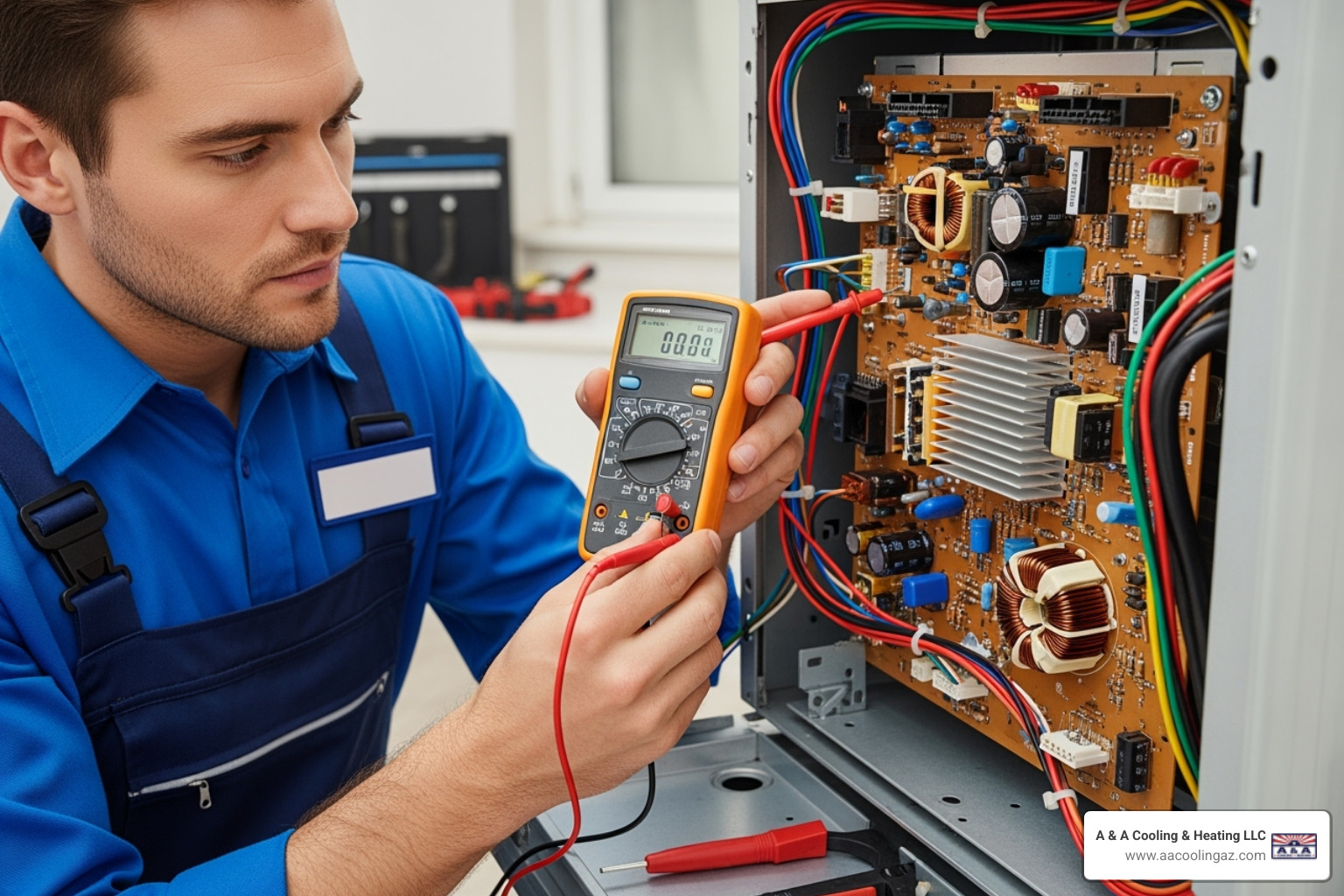 A professional HVAC technician carefully inspecting an AC circuit board with a multimeter, ensuring precise measurements and diagnostics - AC circuit board repair