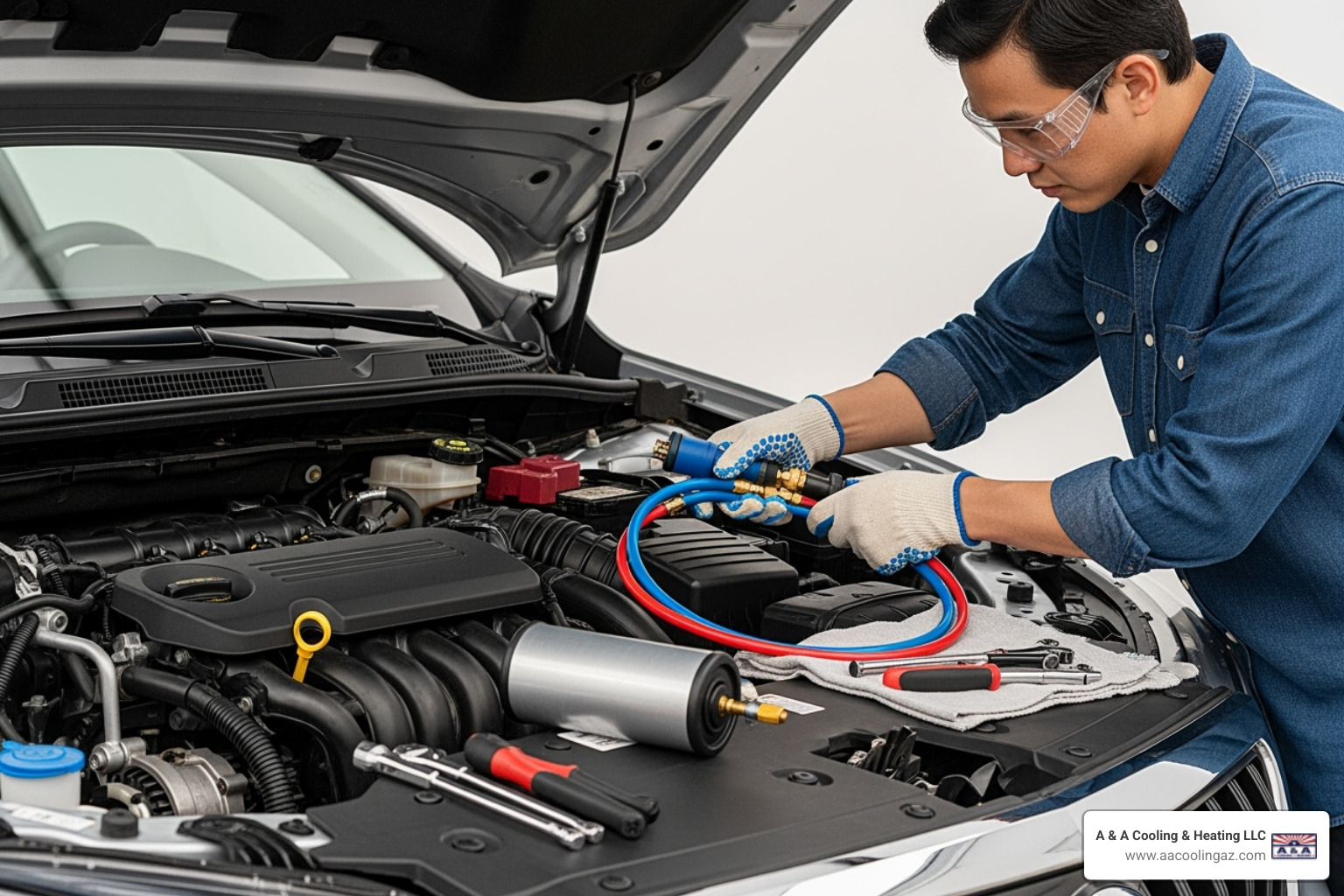 person safely using a DIY car AC recharge kit - AC refrigerant recharge