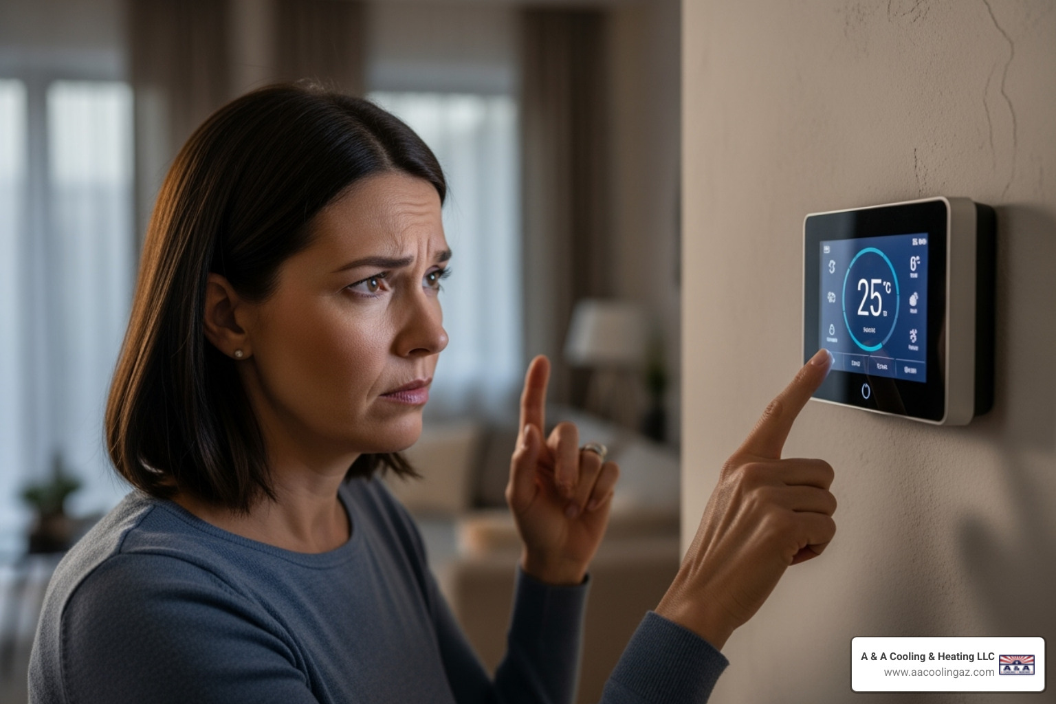 A homeowner looking concerned at their thermostat - hvac maintenance mesa