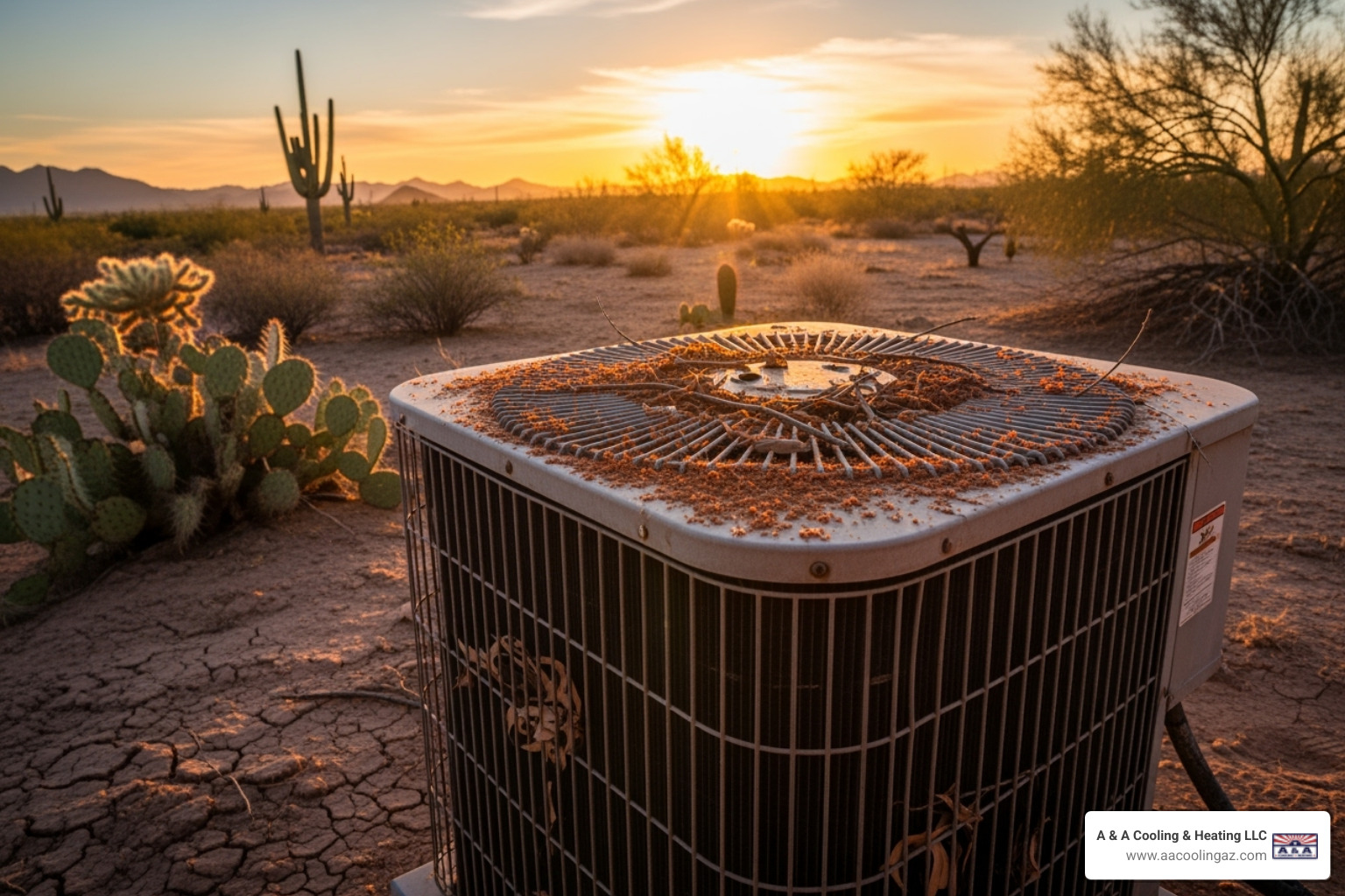 A dusty outdoor AC unit with the Arizona sun in the background - hvac maintenance mesa