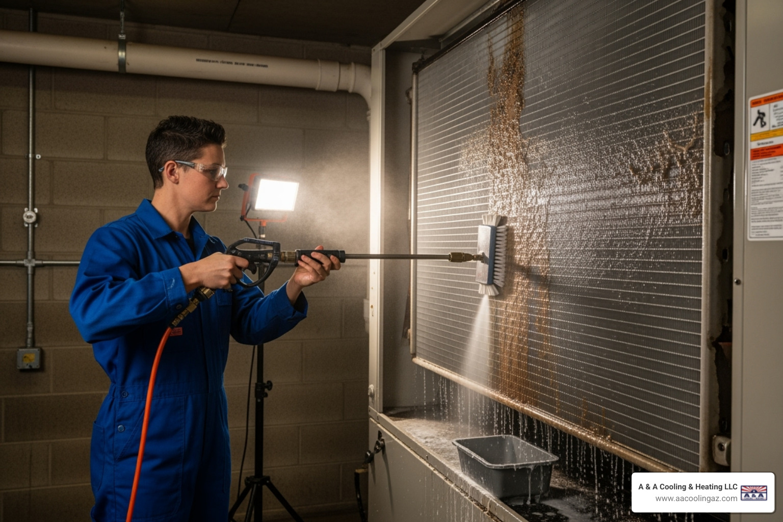 A technician cleaning an HVAC coil - hvac maintenance mesa