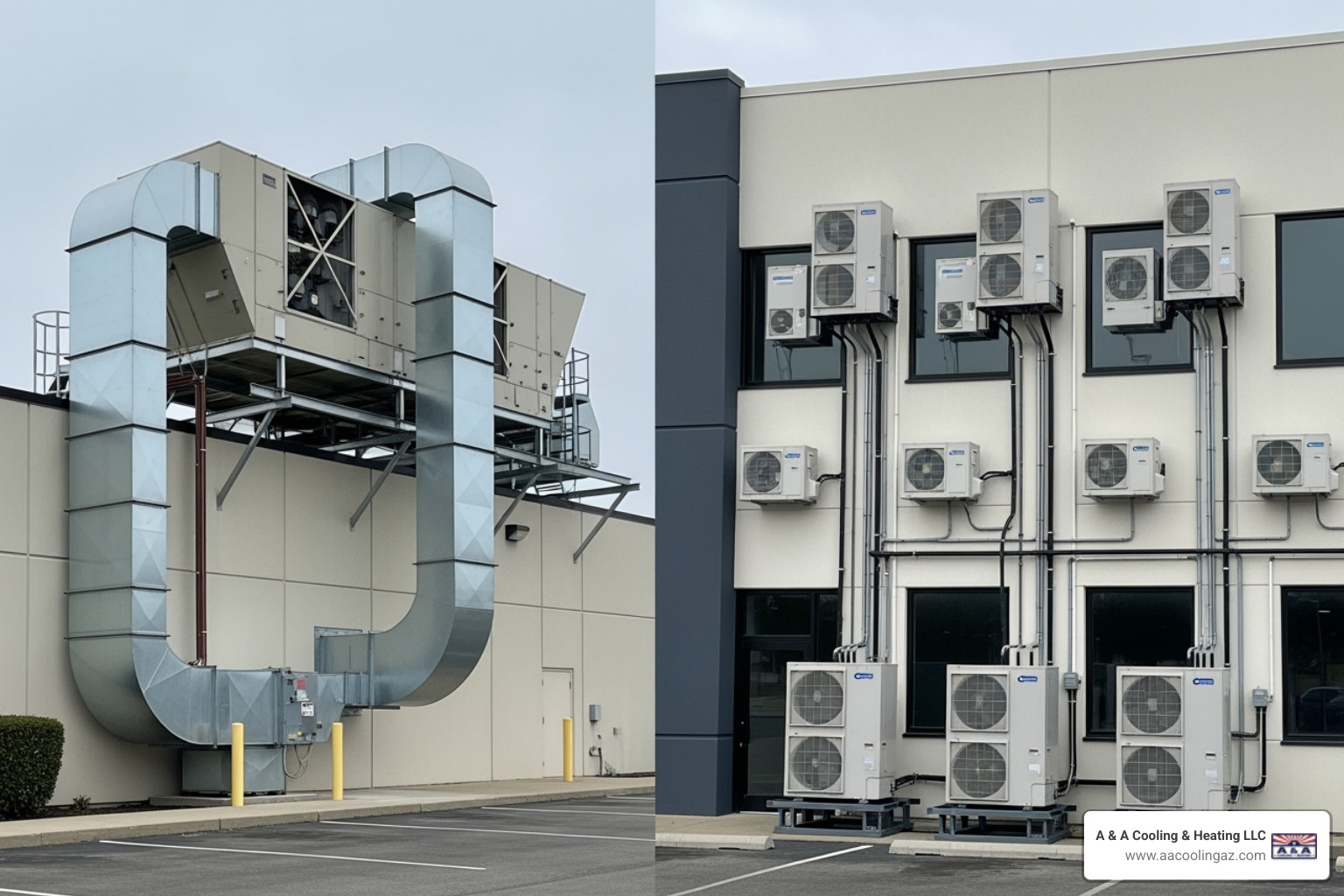 illustrating the difference between a ducted rooftop unit and a multi-zone ductless system - energy efficient heat pump