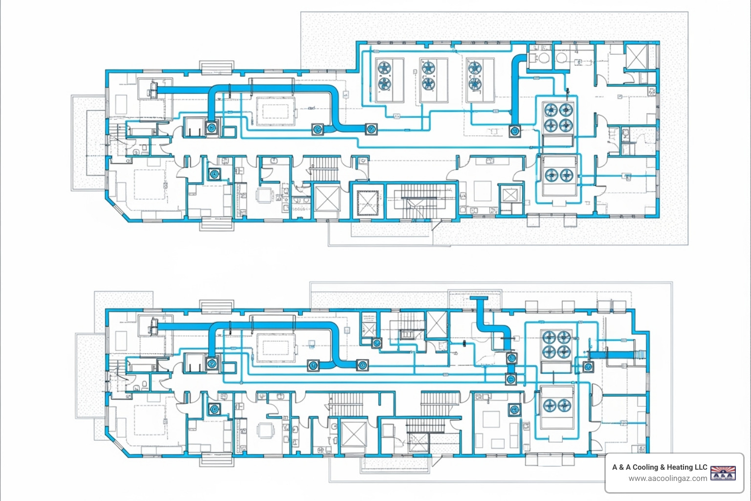 commercial building blueprint with HVAC system highlighted - energy efficient heat pump