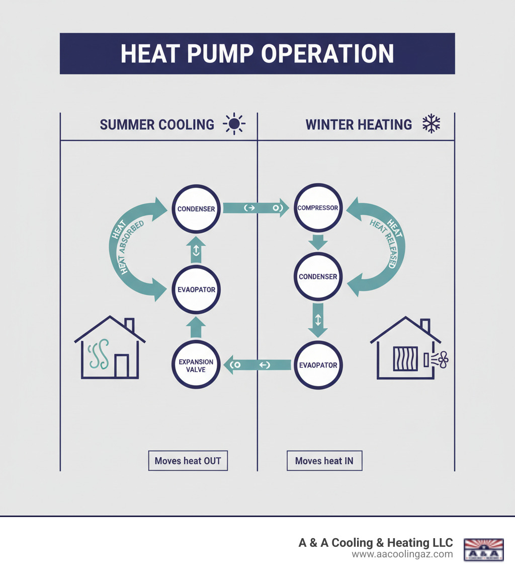 Infographic showing heat pump operation in both heating and cooling modes, with arrows indicating heat transfer direction, refrigerant cycle components (compressor, condenser, evaporator, expansion valve), and seasonal operation differences between summer cooling and winter heating - energy efficient heat pump infographic 