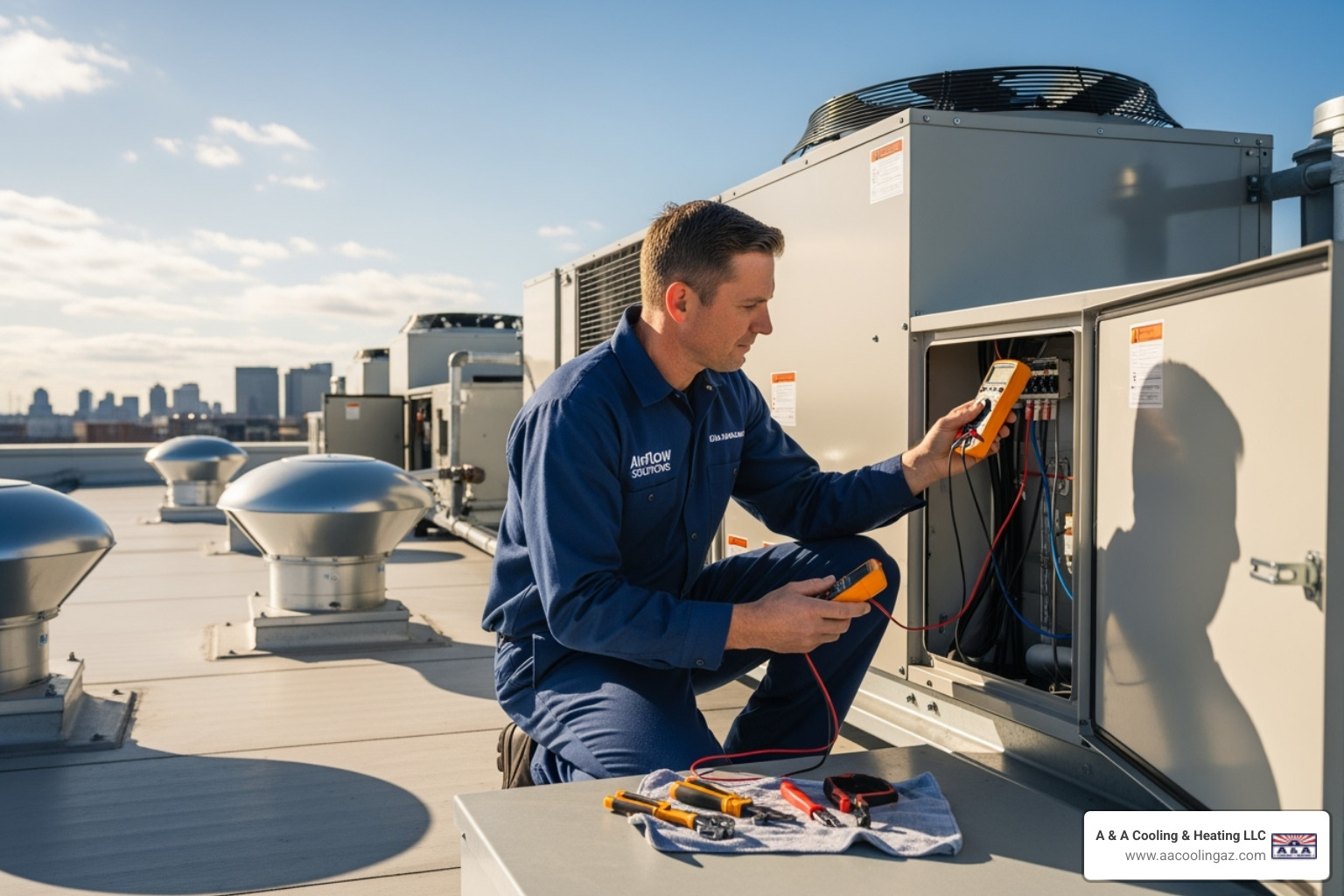 technician performing maintenance on a commercial rooftop heat pump unit - energy efficient heat pump
