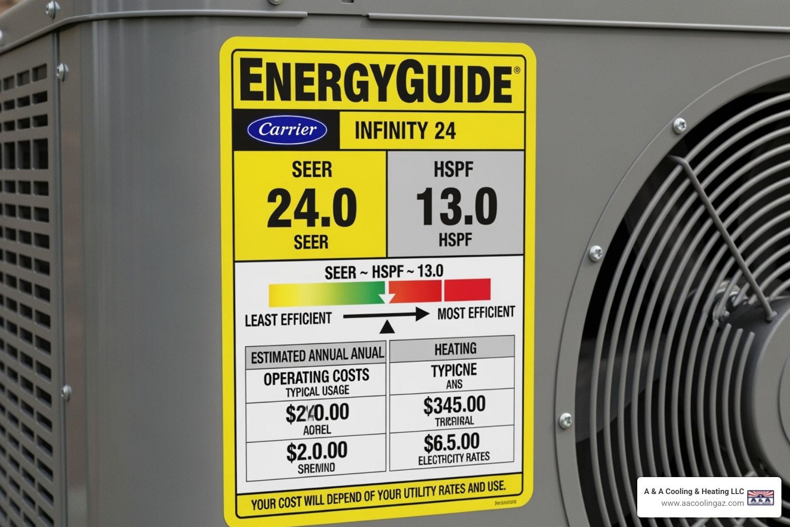EnergyGuide label showing SEER and HSPF ratings - energy efficient heat pump