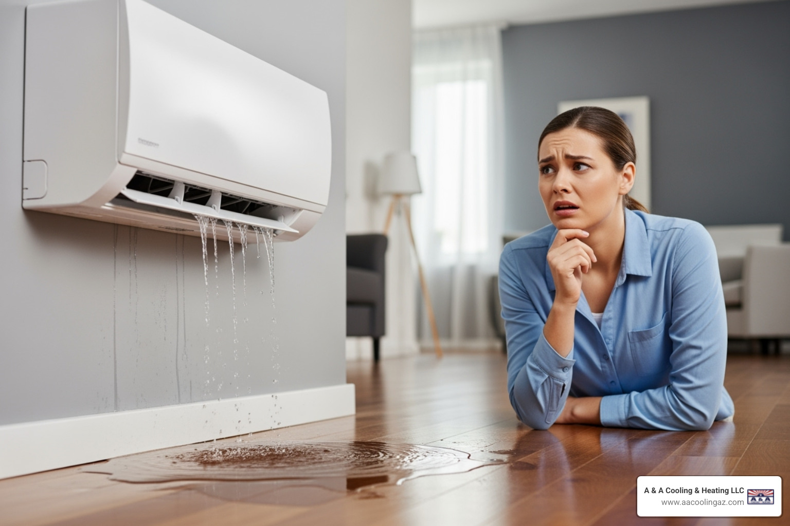 A person looking concerned at a ductless AC indoor unit that appears to be leaking water onto the floor - Ductless AC tune-up