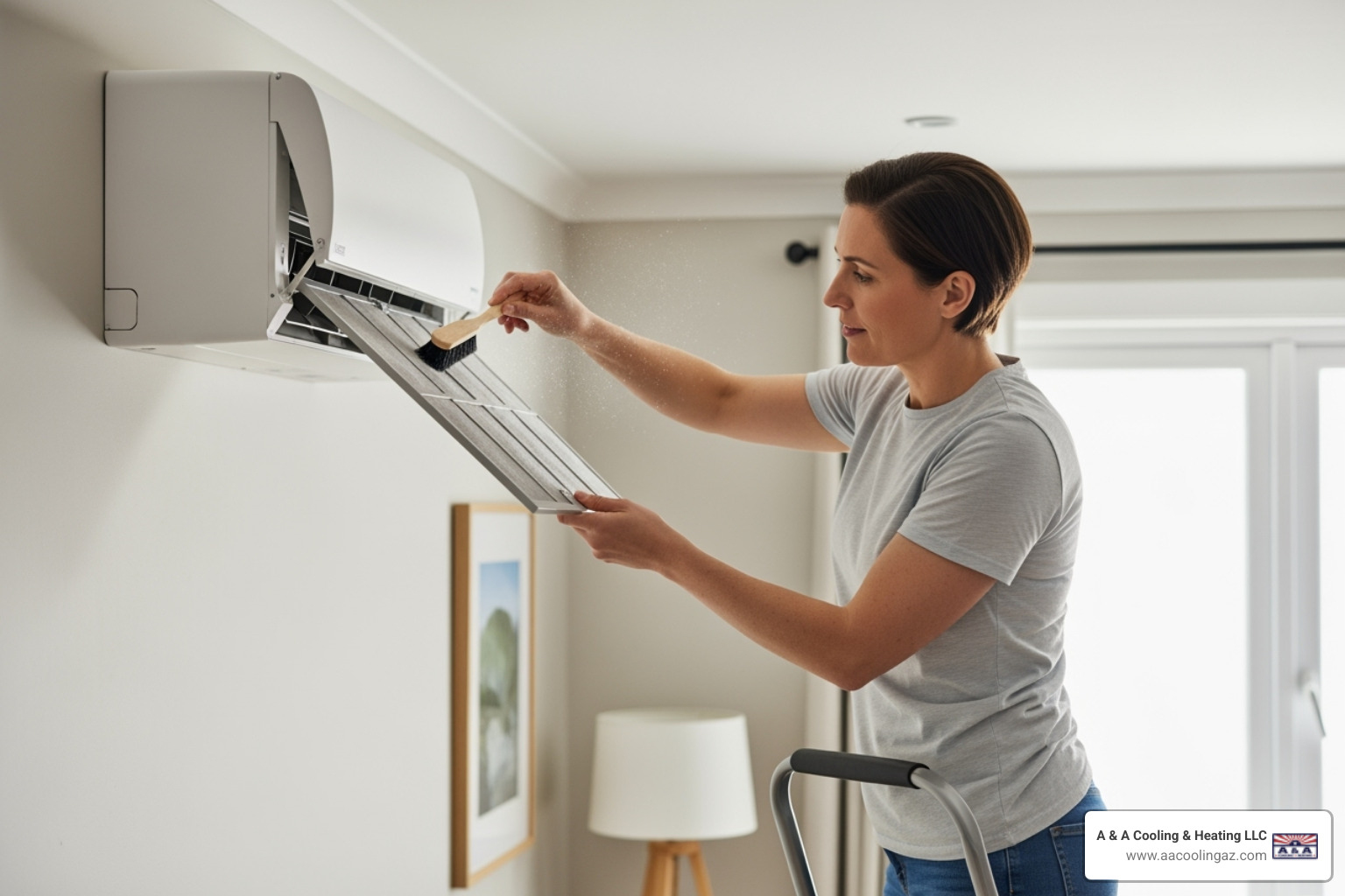 A homeowner easily removing and cleaning a ductless AC filter from an indoor unit - Ductless AC tune-up