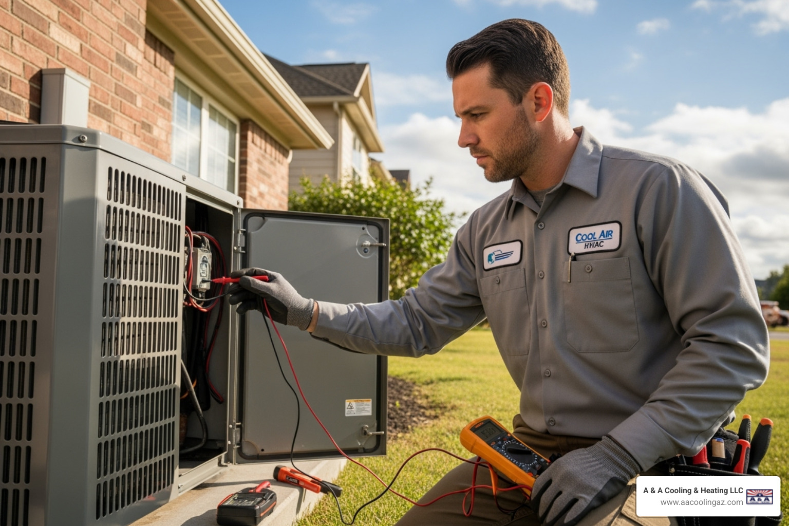 A technician in uniform servicing an outdoor condenser unit with tools, checking components - Ductless AC tune-up