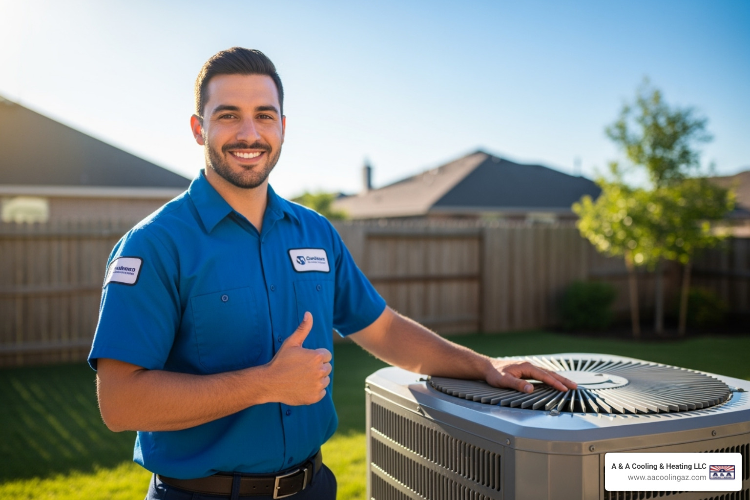a friendly technician giving a thumbs-up next to a repaired AC unit - AC fan motor repair