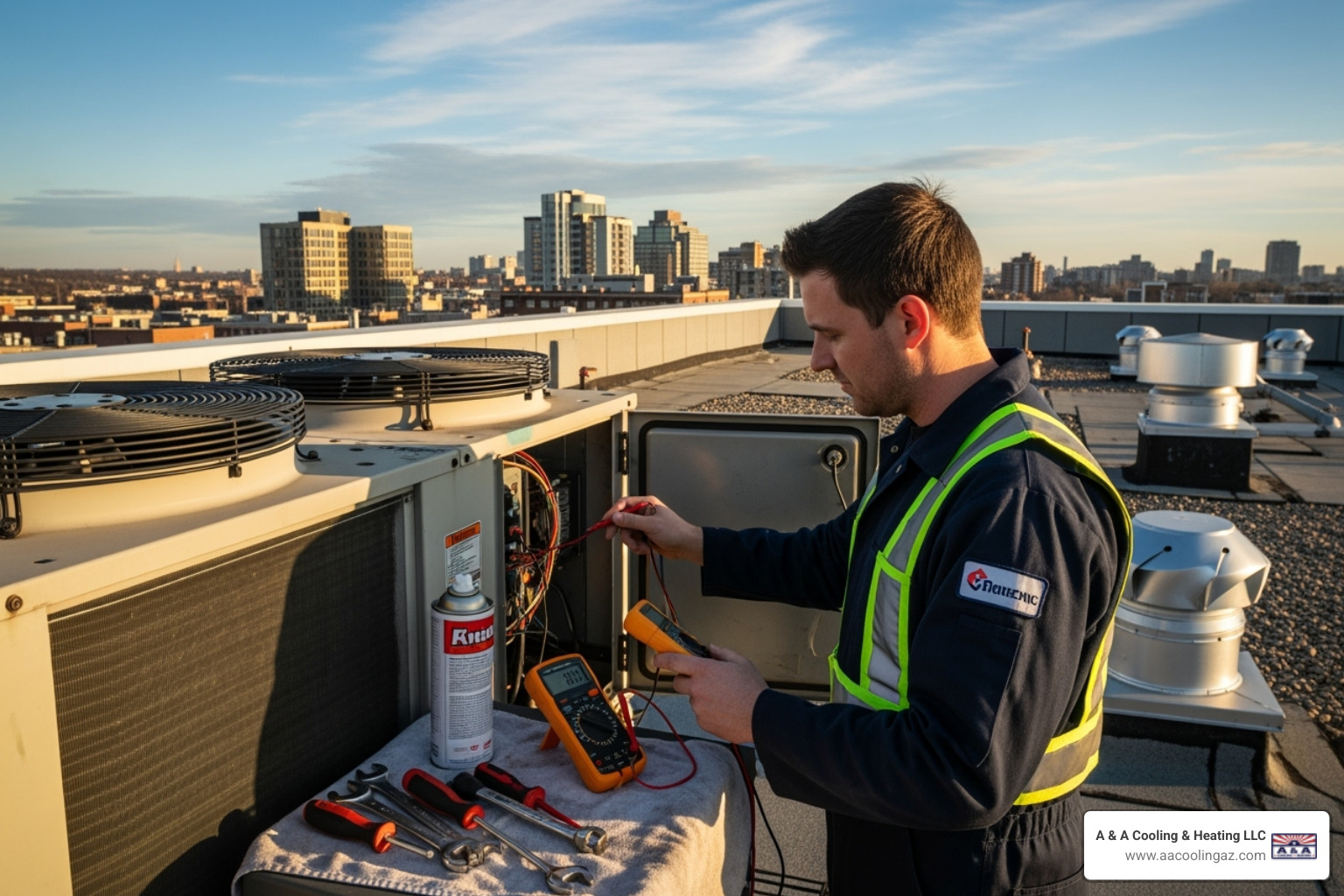 technician performing maintenance on commercial HVAC unit - Commercial heating solutions technician performing maintenance on commercial HVAC unit - Commercial heating solutions