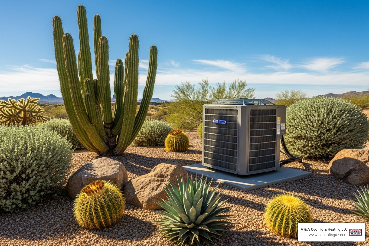 outdoor AC unit with desert landscaping - HVAC Installation and repair in Apache Junction, AZ 