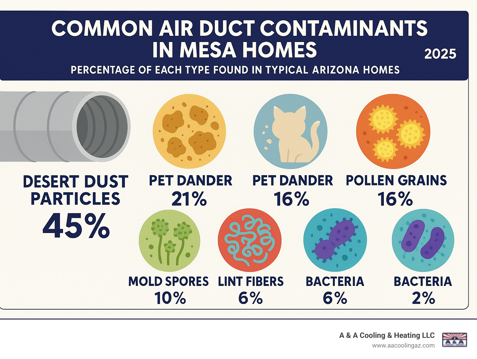 Detailed infographic showing common air duct contaminants in Mesa homes including desert dust particles, pet dander, pollen grains, mold spores, lint fibers, and bacteria, with percentages of each type found in typical Arizona homes - air duct cleaning mesa infographic  Detailed infographic showing common air duct contaminants in Mesa homes including desert dust particles, pet dander, pollen grains, mold spores, lint fibers, and bacteria, with percentages of each type found in typical Arizona homes - air duct cleaning mesa infographic