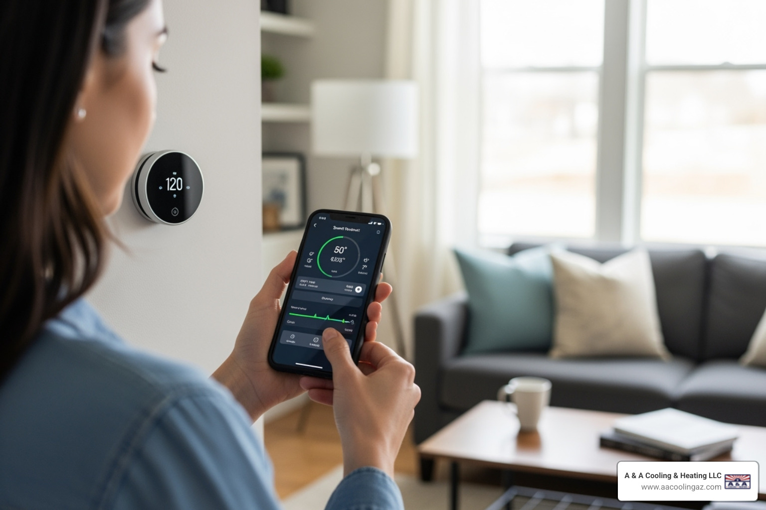 homeowner using a smart thermostat on their phone - Residential heating solutions homeowner using a smart thermostat on their phone - Residential heating solutions