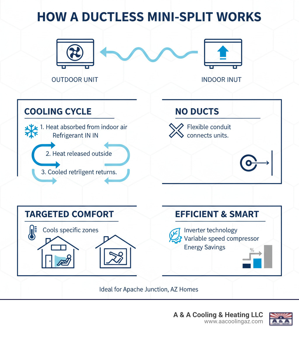 infographic explaining how a ductless mini-split system works with an outdoor and indoor unit - Ductless Mini Spit in Apache Junction, AZ infographic  infographic explaining how a ductless mini-split system works with an outdoor and indoor unit - Ductless Mini Spit in Apache Junction, AZ infographic
