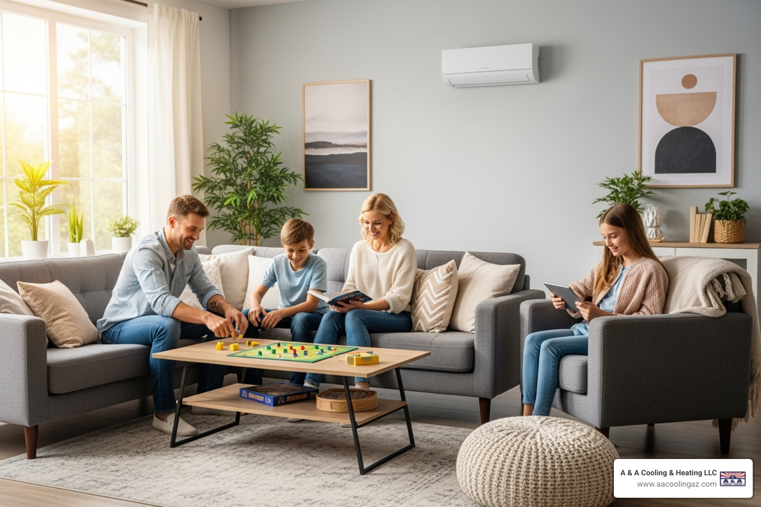 family enjoying a room with a ductless unit - Ductless Mini Spit in Apache Junction, AZ family enjoying a room with a ductless unit - Ductless Mini Spit in Apache Junction, AZ