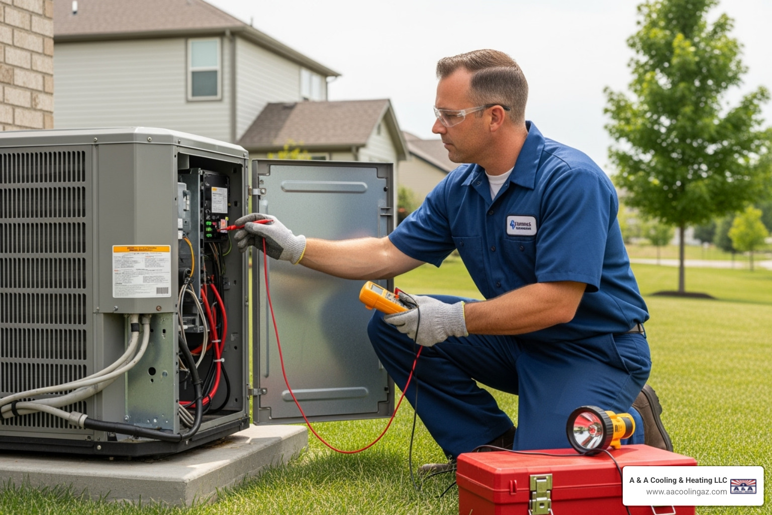 professional HVAC technician safely working on an outdoor AC unit - AC repair Apache Junction professional HVAC technician safely working on an outdoor AC unit - AC repair Apache Junction
