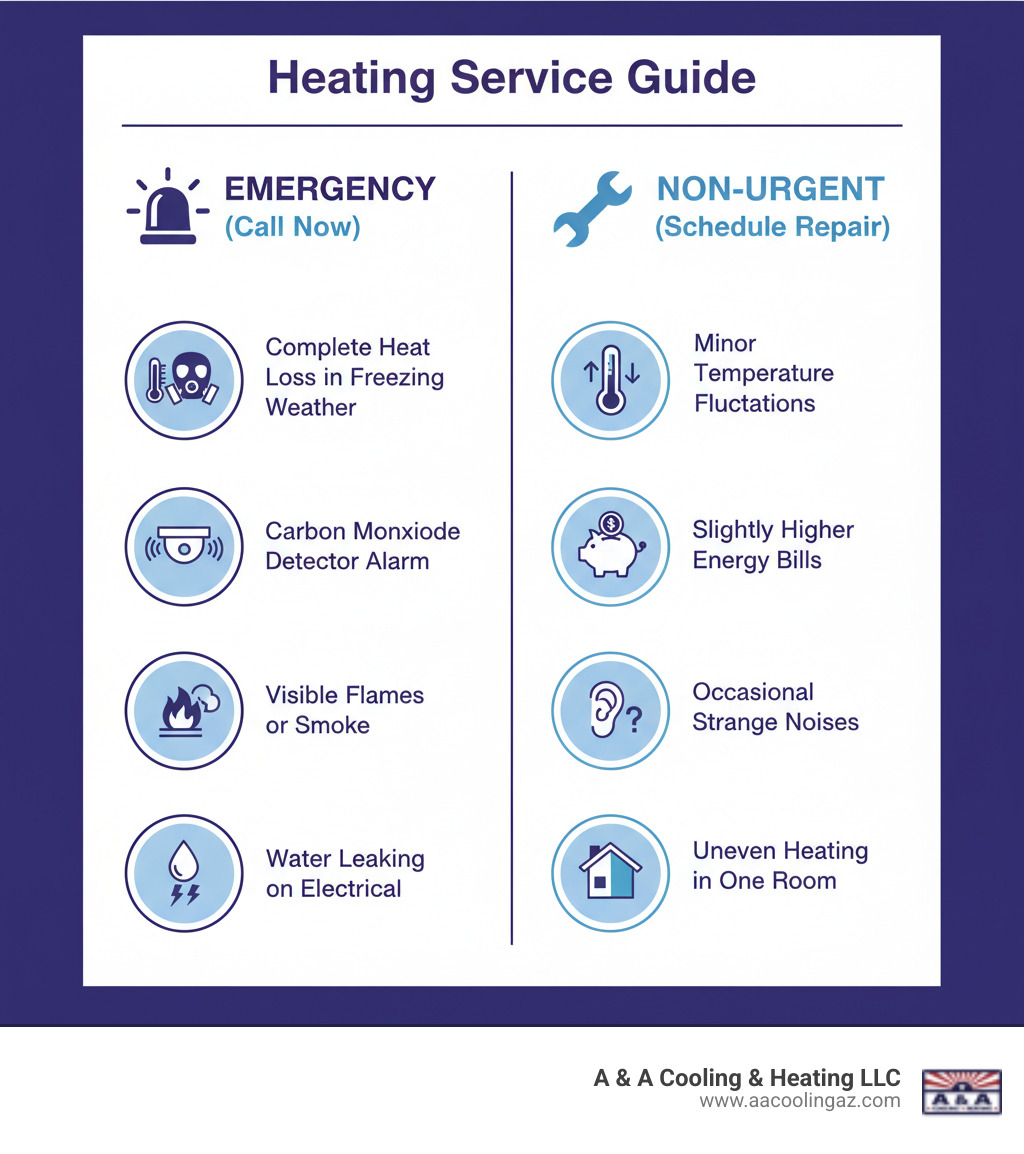 Infographic showing signs of true heating emergencies versus non-urgent repairs. Emergency signs include: complete loss of heat in freezing weather, smell of gas or rotten eggs, carbon monoxide detector alarm, visible flames or smoke, and water actively leaking onto electrical components. Non-urgent repairs include: minor temperature fluctuations, slightly higher energy bills, occasional strange noises during startup, and uneven heating in one room. - Emergency heating service infographic  Infographic showing signs of true heating emergencies versus non-urgent repairs. Emergency signs include: complete loss of heat in freezing weather, smell of gas or rotten eggs, carbon monoxide detector alarm, visible flames or smoke, and water actively leaking onto electrical components. Non-urgent repairs include: minor temperature fluctuations, slightly higher energy bills, occasional strange noises during startup, and uneven heating in one room. - Emergency heating service infographic