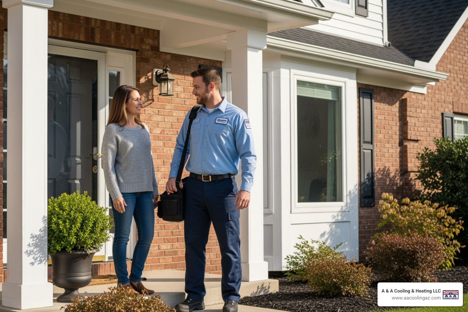 of a friendly technician talking to a homeowner at their door - Emergency heating service of a friendly technician talking to a homeowner at their door - Emergency heating service