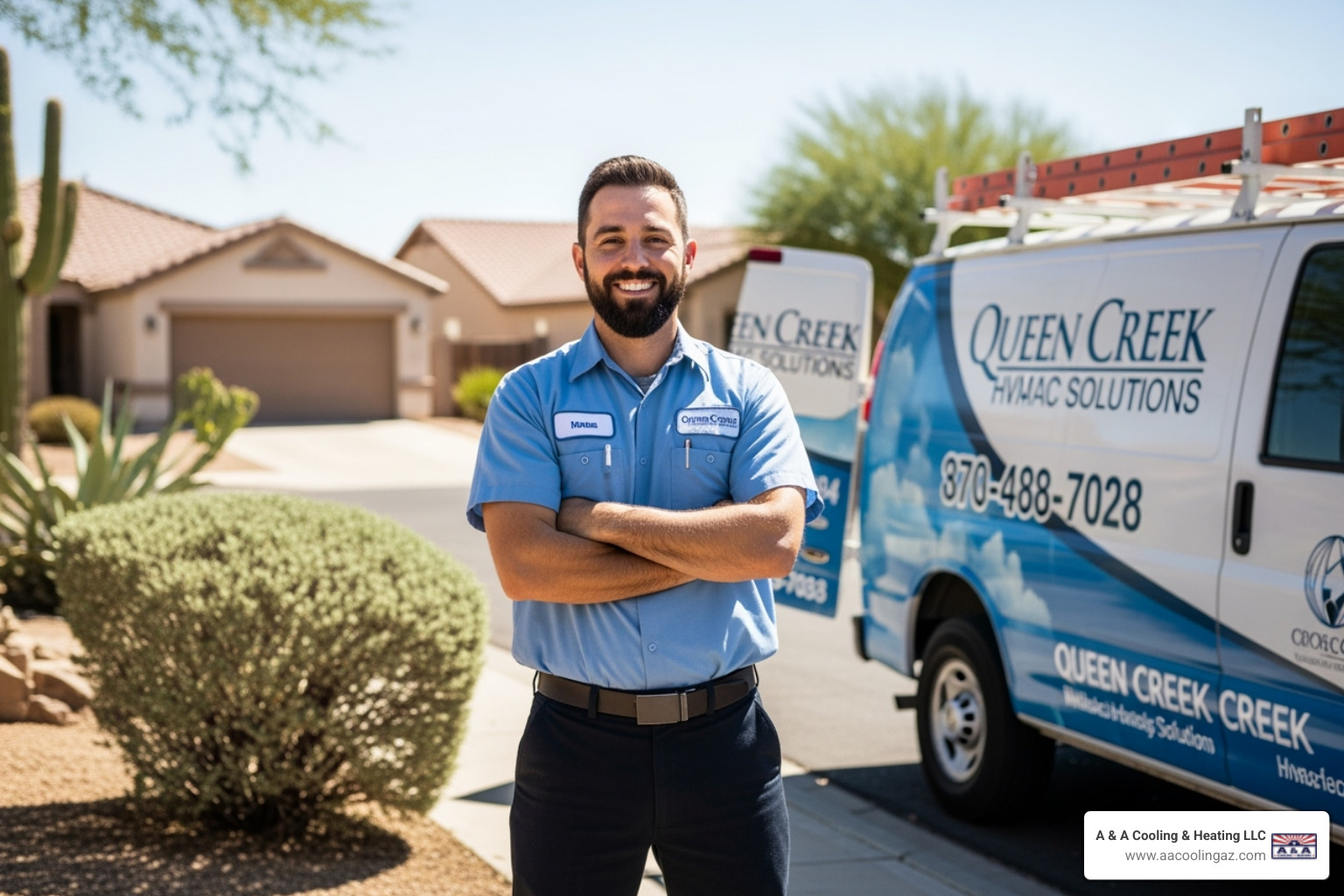 of a friendly, professional technician with a company van in the background - air conditioner repair queen creek az