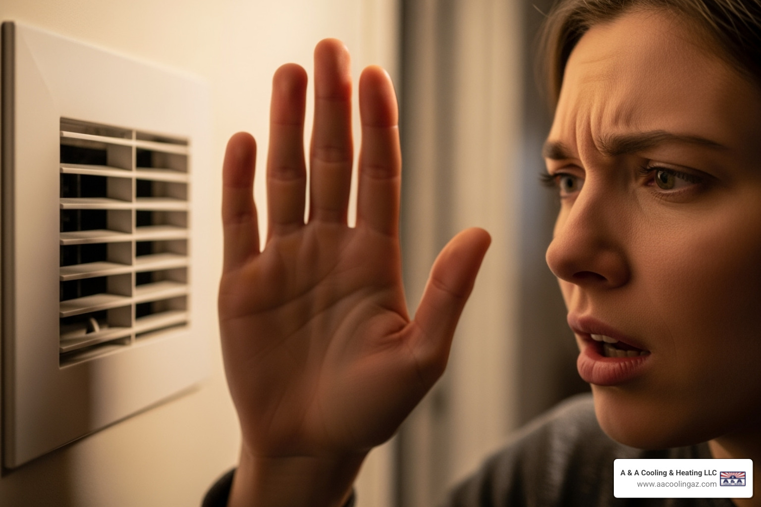 of a person holding a hand up to an air vent with a frustrated expression - air conditioner repair queen creek az