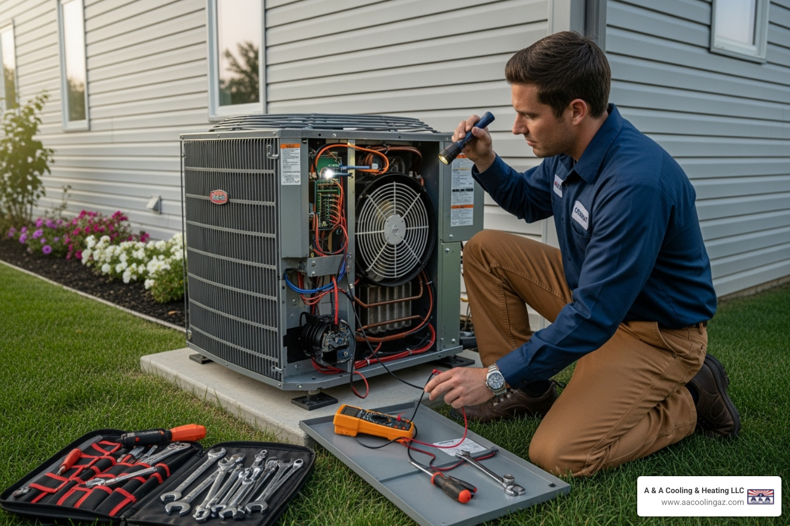 of a technician examining the components of an outdoor AC unit - air conditioner repair queen creek az